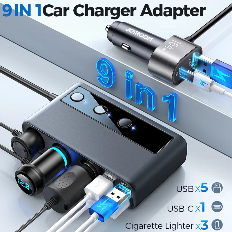 Joyroom 154W  9 in 1 Car Charger Adapter PD 3 Socket