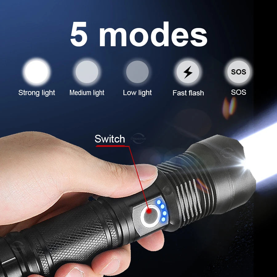 High Power 100000 Lumens Strong Flashlight High Power Rechargeable