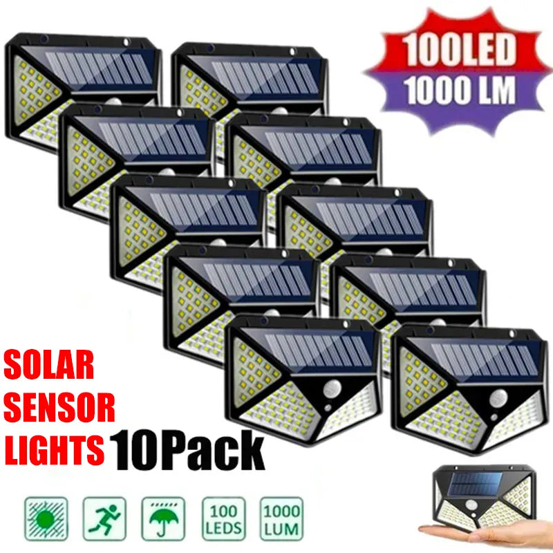 1/2/4/6/10PCS 100 LED Solar Wall Lamp 4 Sides Luminous With Motion Sensor