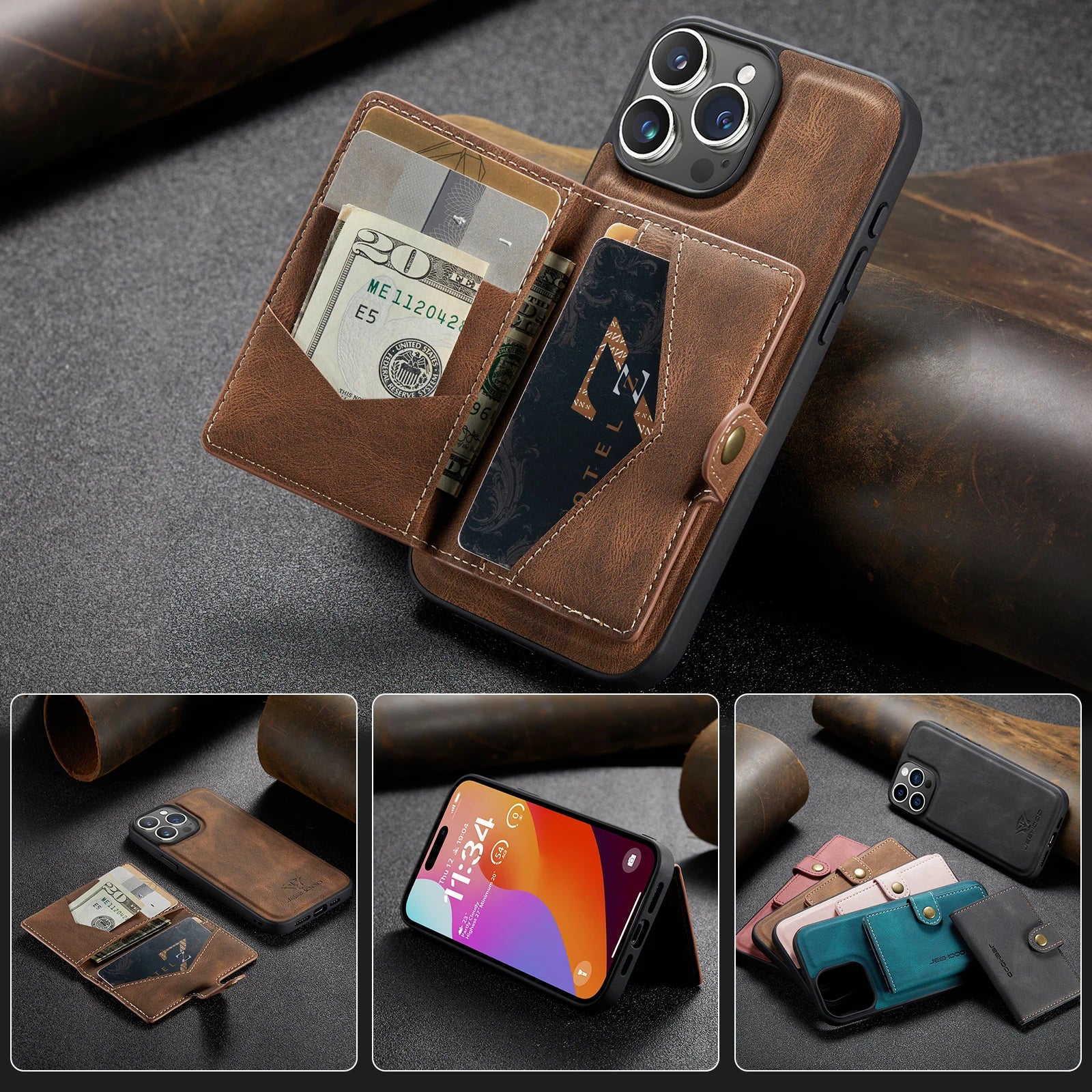 2 in 1 Detachable Cards Bag Wallet Leather Case for iPhone